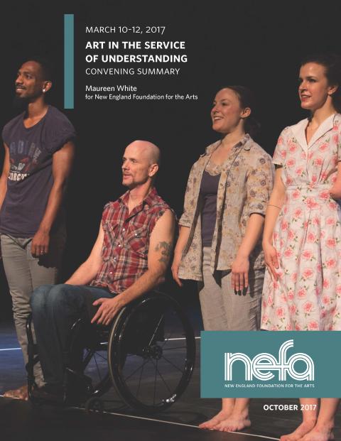 Two men, one in a wheelchair, and two women, one with an arm amputation, are on a stage. Title of the report between their heads, "Art in the Service of Understanding."
