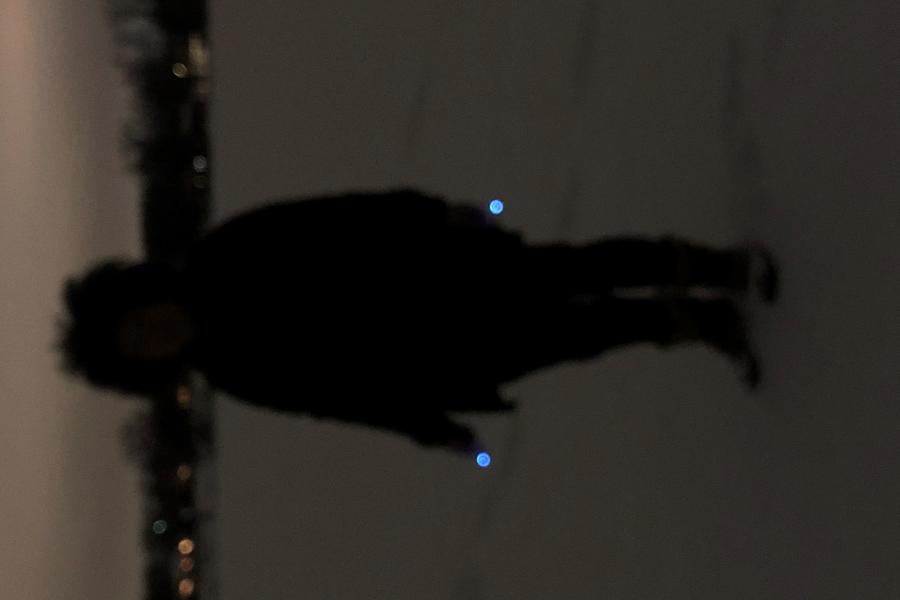 Sideways frame: a person poses at dusk in the snow.