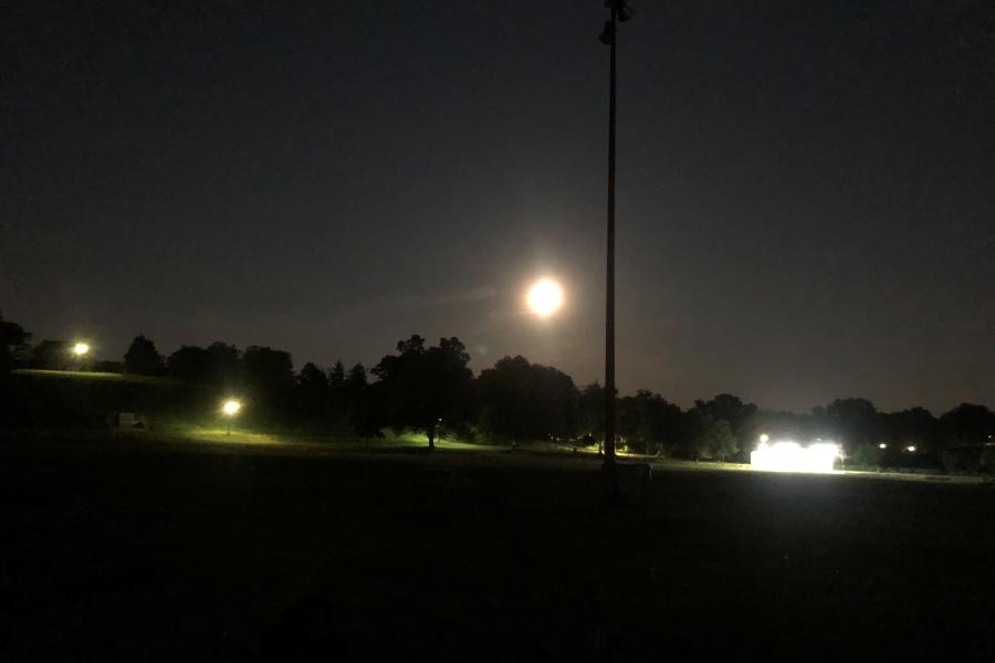 A park at night; the moon is full and bright. The silhouette of a lightpost. Green grass.