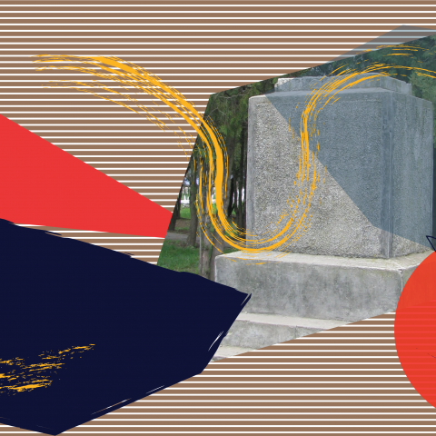 a collage of primary color graphics and a photo of the base of a statue