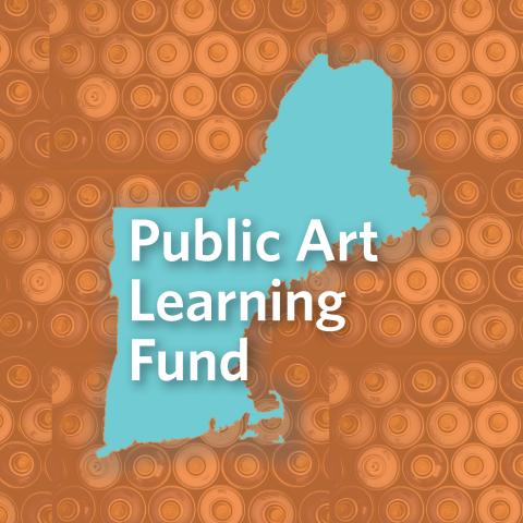 Text ("Public Art Learning Fund") over a map of New England and a pattern made out of an overhead view of spray cans.