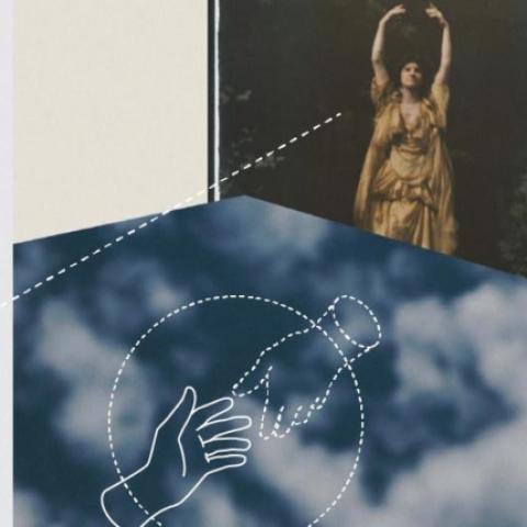 A collage of images that depict hands, constellations, and fabrics.