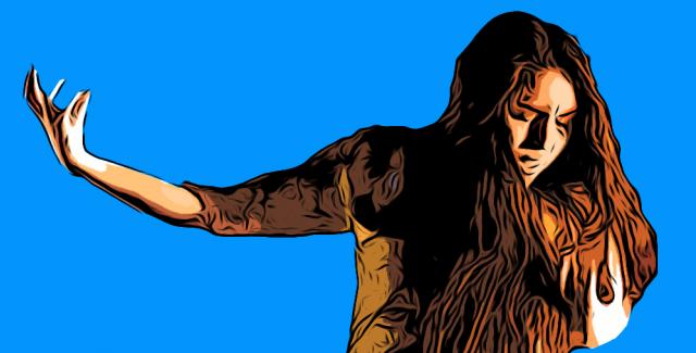 A stylized image of a woman with long dark hair, eyes closed and arm out as if in anguish