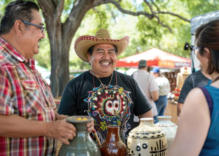 A man in a sombrero holds vases with his friend. A white lady stands on the other side of their table.