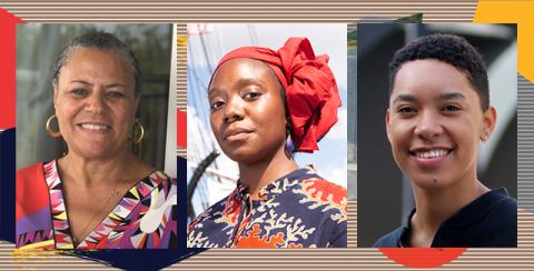 Three headshots of women in brightly colored garments.