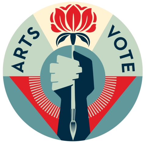 Circular graphic with "Arts Vote" and the fist holding a paintbrush with a flower sprouting from it.