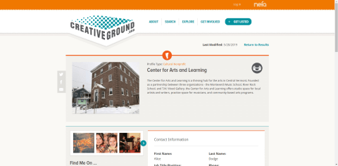 A screenshot of the CreativeGround profile page for Center for Arts and Learning