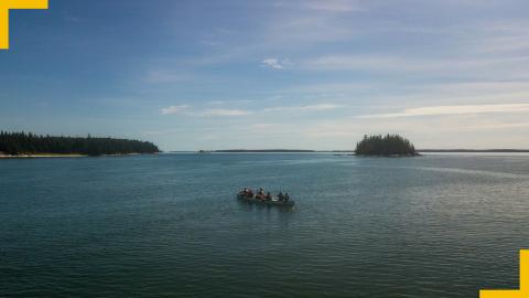 From the coast, ten canoers on a canoe make their way through the isles of Maine.