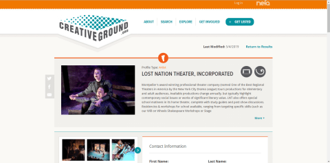 A screenshot view of the CreativeGround profile for Lost Nation Theater featuring a description of the organization and a eerily lighted picture of a man and a woman looking frightened.