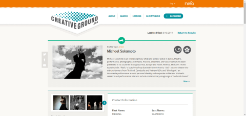 Screenshot of the CreativeGround profile for Michael Sakamoto including descriptive text, images of his dance work, and contact information.