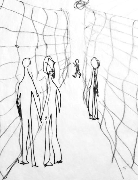 Illustration of stick figures walking between nets.