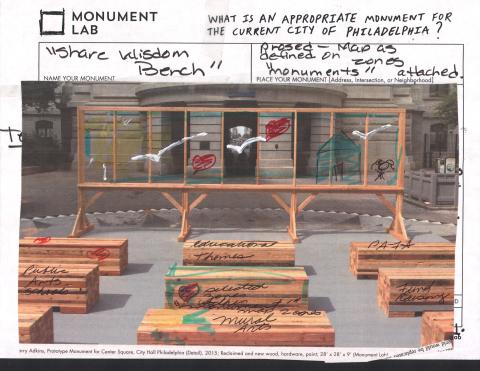 A sketch of three rows of pews with a presentation board before them.