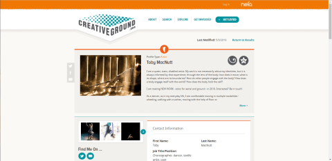 A Screen capture of the front end of Toby MacNutt's CreativeGround profile including images of the dancer, and a description of Toby's work