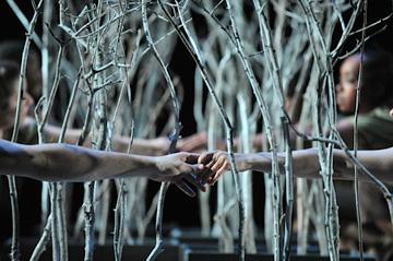 On a stage, with spotlights, folks hold hands through white branches.