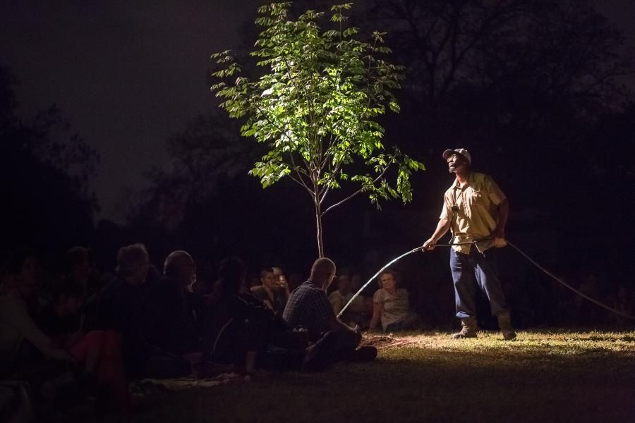 A man holds a hose and looks up at a tree, while an audience watches in the dark of night.