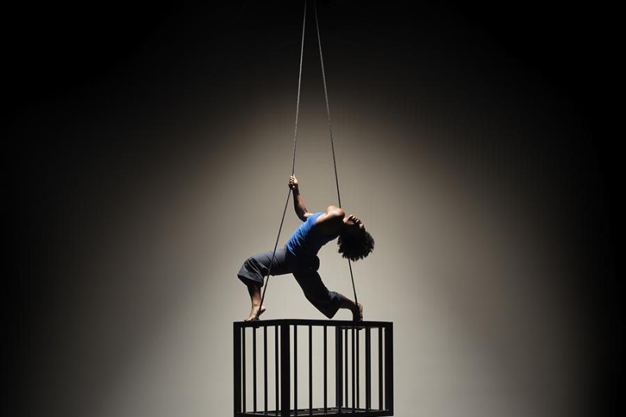 On top of a cage, hanging in a studio setting, a dancer holds on to the cord the cage hangs from and leans backwards.