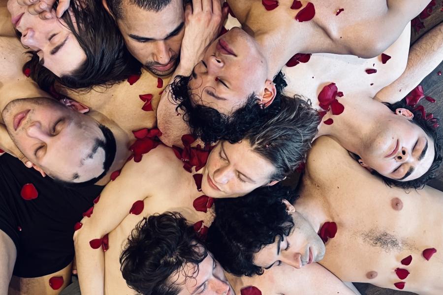 Eight folks of predominantly white or light skin lay with rose petals on top of them.