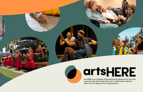 A collage of blobs with images of folks acting on stage, communicating with the elderly, hula dancing, dancing at a powwow, and experiencing an art exhibit. ArtsHERE logo and crediting line over a larger off-white blob.