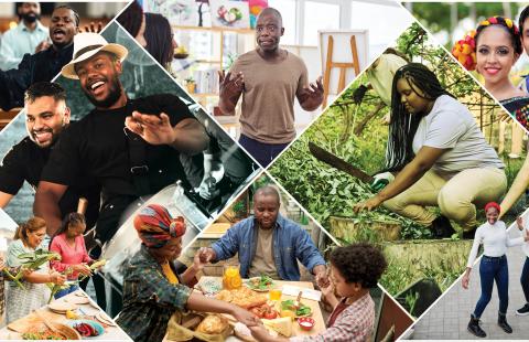 A collage of folks of color working together in gardens, at music performances, enjoying food, etc.