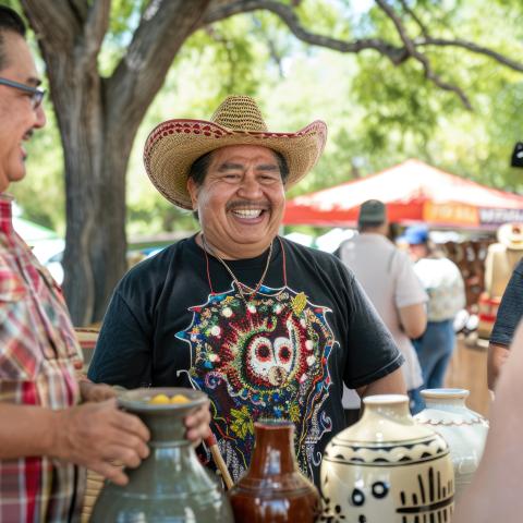 A man in a sombrero holds vases with his friend. A white lady stands on the other side of their table.