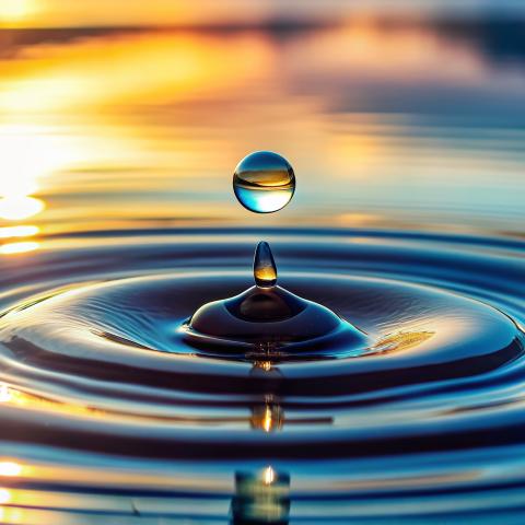 A water droplet, mid-air, on a lake.