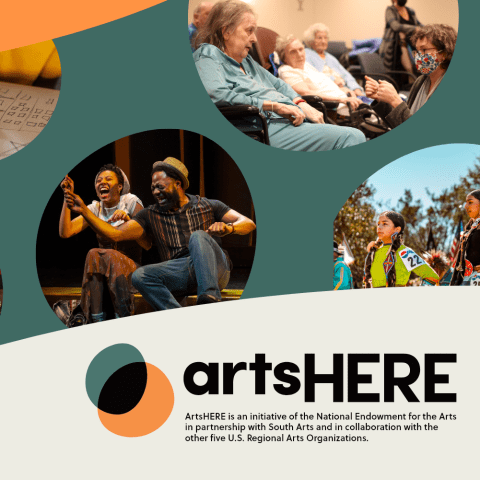 A collage of blobs with images of folks acting on stage, communicating with the elderly, hula dancing, dancing at a powwow, and experiencing an art exhibit. ArtsHERE logo and crediting line over a larger off-white blob.