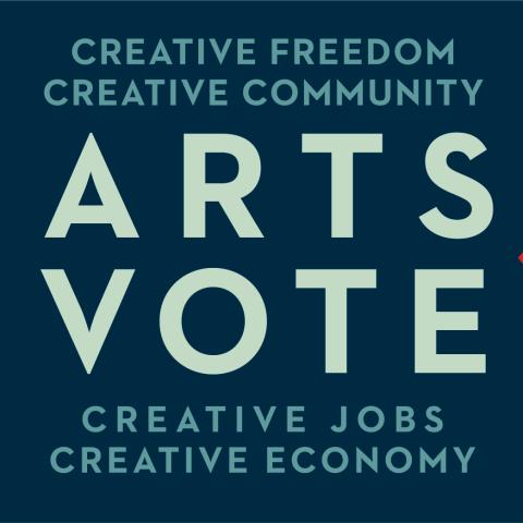 A fist with a paintbrush that has a flower sprouting from it. Text: Arts Vote. Creative Freedom. Creative Community. Creative Jobs. Creative Economy.