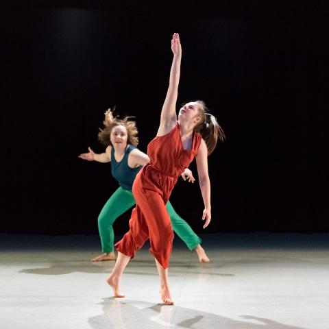 Two dancers, one in a rust jumpsuit with right arm extended straight up and another behind wearing shades of green with both arms outstretched