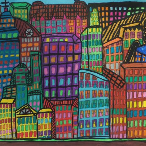marker painting of overlapping rainbow skyscrapers with colorful windows