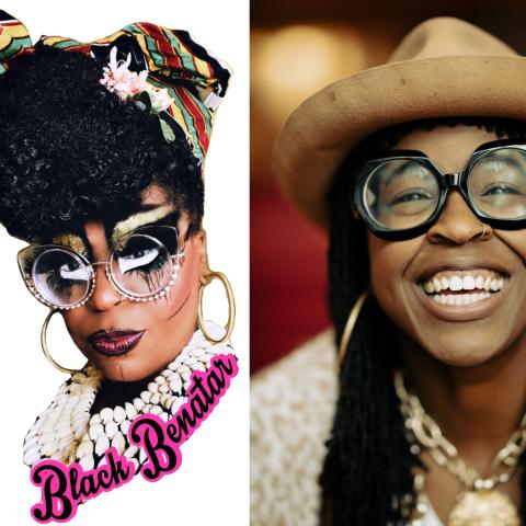 A diptych featuring two portraits. On the left, the drag persona of the same person on the right. The drag persona has bold makeup, gold wire frames, an African headwrap. The person on the right wears large black-framed glasses, a tan hat, and golden hoop earrings.