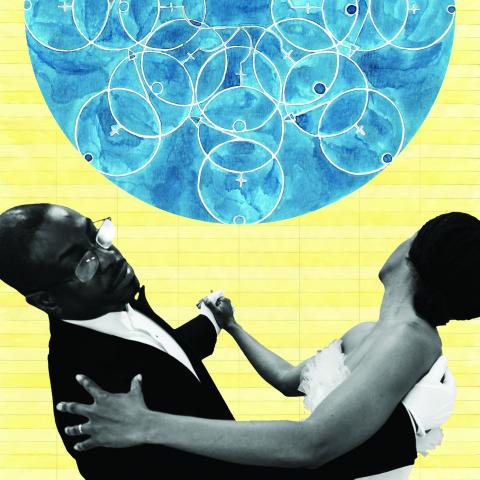 A couple in black and white dances over an orange background with a blue orb containing a multitude of white circles.