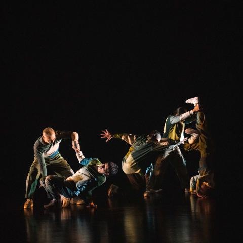 In a dark studio space with spotlights like flashlights, dancers appear to play fight.