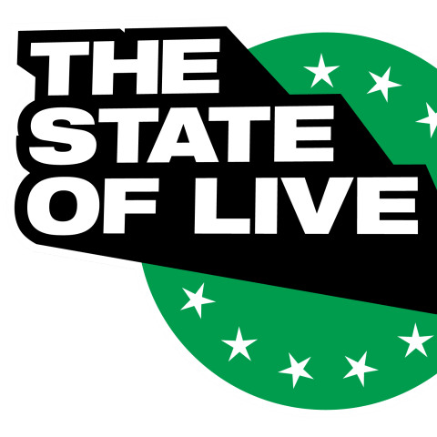 "State of Live" coming out of a megaphone over a green circle with a white star trim.