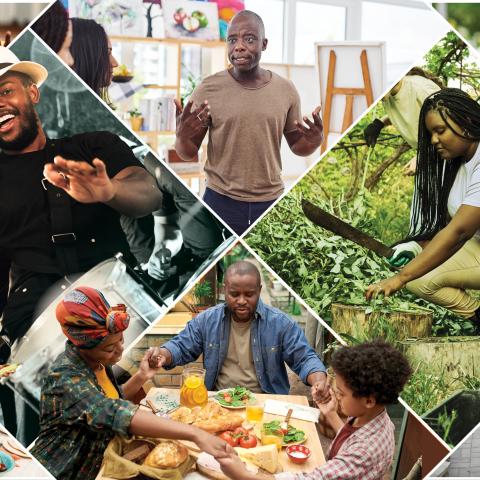 A collage of folks of color working together in gardens, at music performances, enjoying food, etc.