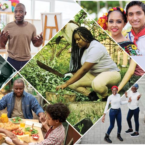 Outside, a Black woman holds a crop; a couple in traditional Mexican garb poses, and a Black man gestures with his hands while he speaks.