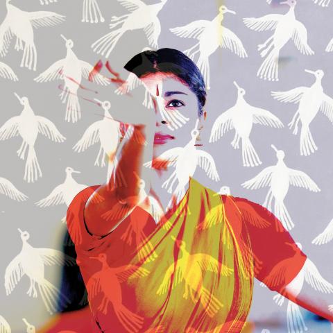 A woman in orange and yellow traditional Indian dress gestures with her hand at images of crows