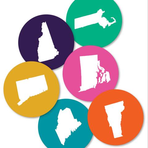 Silhouette of the six New England states each in their own brightly colored circle.