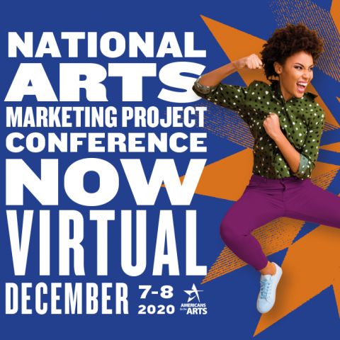 A woman dances over the event art for the "National Arts Marketing Project Conference: Now Virtual."