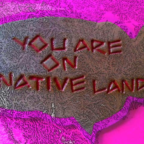 Painting of the U.S. with the words "You Are On Native Land" etched over it.